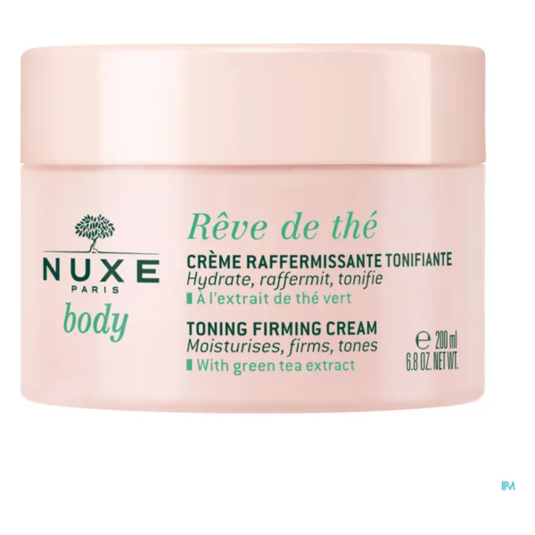 Runde, rosa Cremedose mit grüner Schrift, enthält straffende Körpercreme mit grünem Tee-Extrakt, 200 ml.