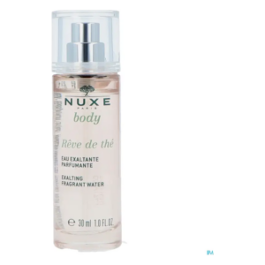 Flasche für Körperparfum von Nuxe, transparent mit silbernem Sprühkopf, 30 ml Inhalt, Etikett in Grün und Beige.
