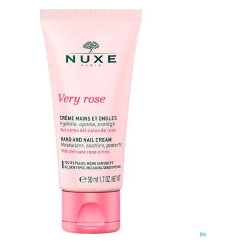 Rosa Hand- und Nagelcreme in einer Tube mit 50 ml, verpackt in einem pinkfarbenen Design, mit Aufschrift und Inhaltsstoffen.
