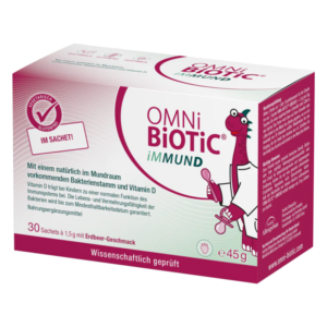 Verpackung von OMNi BiOTiC iMMUND, enthält 30 Saches mit Erdbeergeschmack zur Unterstützung des Immunsystems.