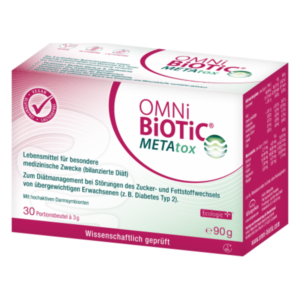 Verpackung von OMNi BiOTiC METAtox, einem Lebensmittel für besondere medizinische Zwecke zur Unterstützung des Diätmanagements.