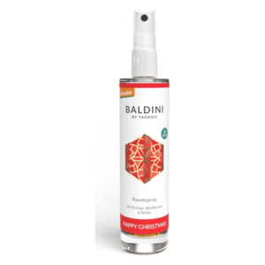 Raumspray von Baldini in transparentem Flakon mit rotem, geometrischem Design, duftet nach Orange, Weißtanne und Nelke.