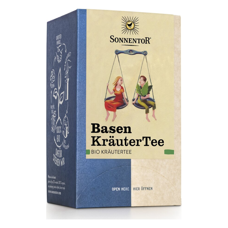 Verpackung von BIO Kräutertee 'Basen KräuterTee' mit illustrativen Figuren auf einer Schaukel.