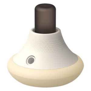 Ein runder, beige Duftspender mit einem gräulichen Auslass oben und einer strukturierten Oberfläche.