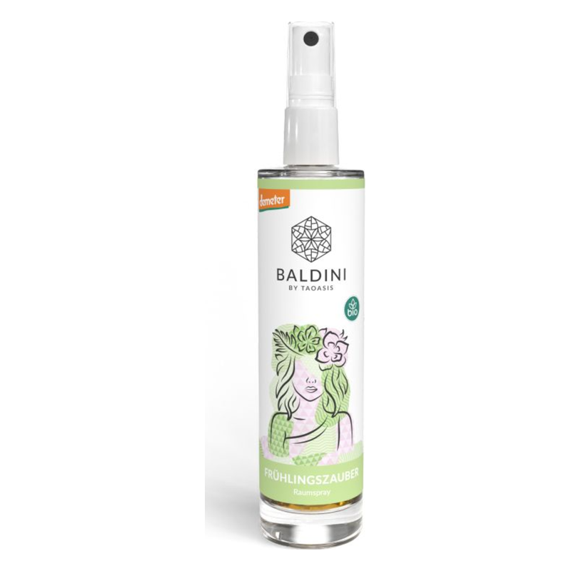 Raumspray in einer transparenten Sprühflasche mit floralem Design und der Aufschrift "FRÜHLINGSZAUBER" von BALDINI.