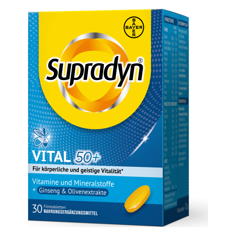 Verpackung von Supradyn Vital 50+, enthalten Vitamine, Mineralstoffe und Ginseng. Gelbe Filmtablette sichtbar auf der Box.