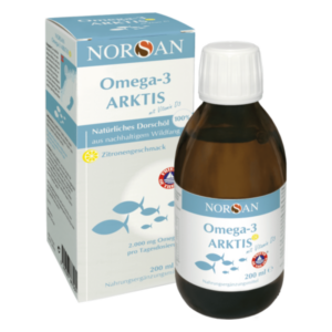 Braune Flasche mit Omega-3-Dorschöl in Zitronengeschmack, verpackt in einer blauen Kartonbox mit Informationen.