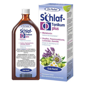 Braunflasche mit Schlaf-Tonikum plus von Dr. Fischer, kombiniert mit Kräuterextrakten und Melatonin, für besseren Schlaf.