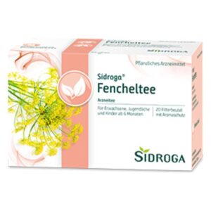 Verpackung von Sidroga Fencheltee, einem pflanzlichen Arzneimittel in einer Box mit 20 Aromaschutz-Filtern.