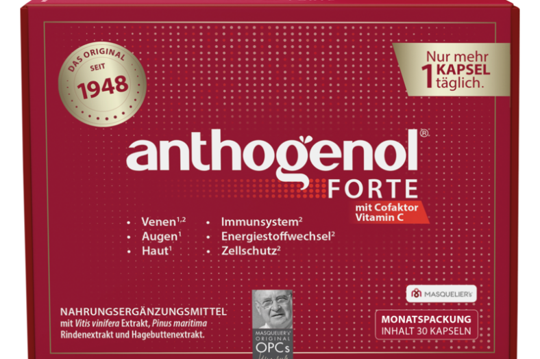Packung von Anthogenol Forte, ein Nahrungsergänzungsmittel mit verschiedenen gesundheitlichen Vorteilen, inklusive Vitamin C.