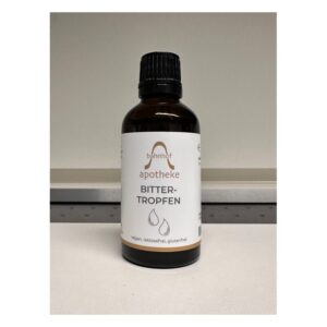 Braune Flasche mit schwarzem Schraubverschluss und Etikett, beschriftet mit "Bitter-Tropfen" und Angaben zu Inhaltsstoffen.