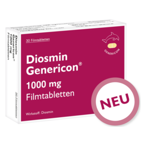 Verpackung von Diosmin Genericon 1000 mg Filmtabletten mit dem Aufdruck "NEU" auf einem roten Hintergrund.