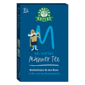 Verpackung von Dr. Kottas Männer Tee in blauer Box mit einem stilisierten Mann mit Bart und der Beschriftung 'Wohlbefinden für den Mann'.
