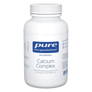 Weißes Kunststoffglas mit blauem Etikett und Schraubdeckel, enthält Calcium und Vitamin D3 für die Knochenunterstützung.