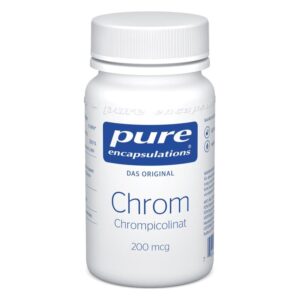 Weißer Flakon mit blauem Etikett, enthält Chrom in Form von Chrompicolinat, angegeben mit 200 mcg.