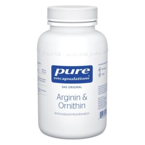 Weißer Plastikbehälter mit Schraubverschluss, beschriftet mit "pure encapuslations Arginin & Ornithin".
