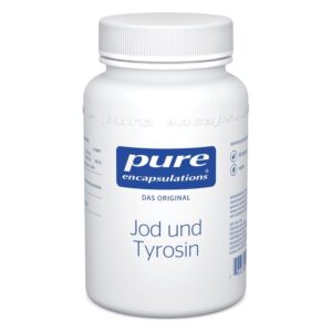 Weißer Behälter mit schwarzem Schraubverschluss, beschriftet mit "Jod und Tyrosin" und Logo von pure encapulations.