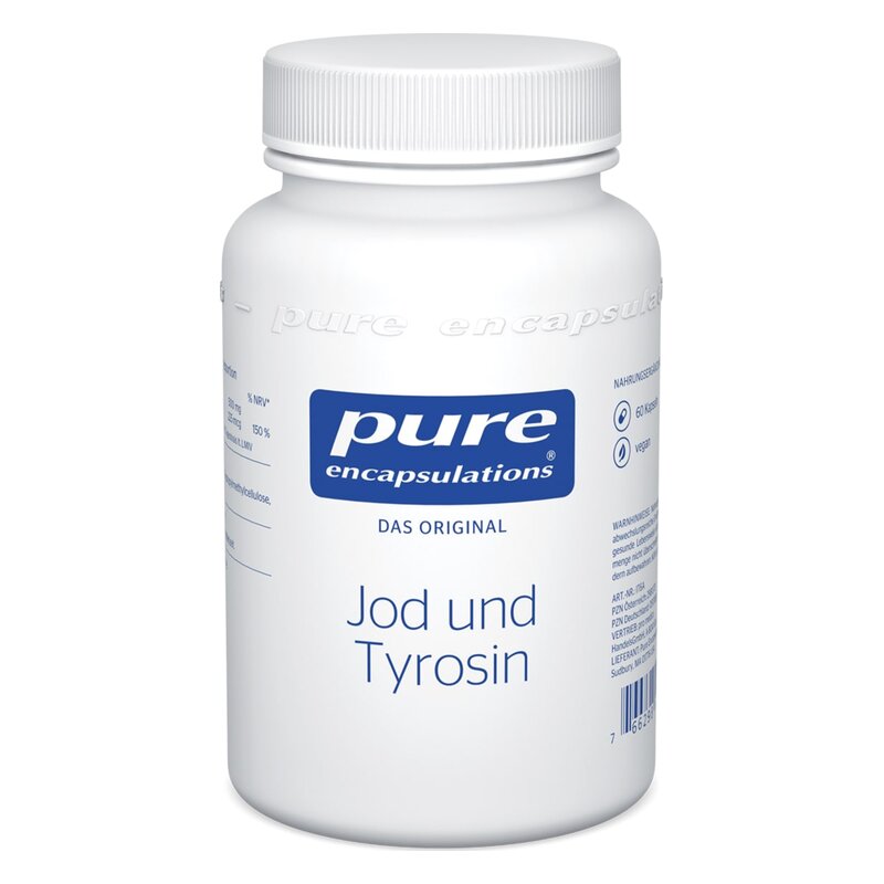 Weißer Behälter mit schwarzem Schraubverschluss, beschriftet mit "Jod und Tyrosin" und Logo von pure encapulations.