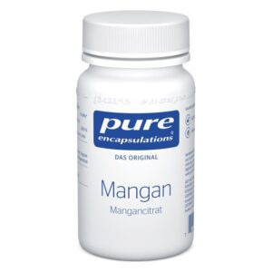 Weißes Fläschchen mit Schraubverschluss und blauer Schrift, enthält Mangancitrat von Pure Encapsulations.