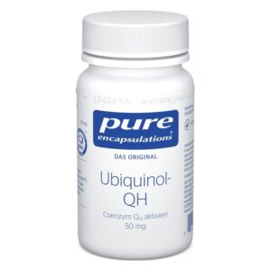 Weißer Flacon mit Schraubverschluss, beschriftet mit 'Ubiquinol-QH' und 'Coenzym Q10 aktiviert'.