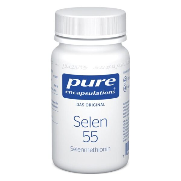 Weißes Fläschchen mit blauem Etikett, das Selen 55 in Form von Selenmethionin enthält.