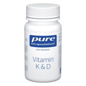 Weißer Kunststoffbehälter mit Schraubverschluss, beschriftet mit Vitamin K&D und Logos der Marke pure encapsulations.
