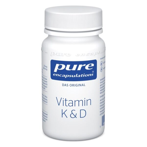 Weißer Kunststoffbehälter mit Schraubverschluss, beschriftet mit Vitamin K&D und Logos der Marke pure encapsulations.