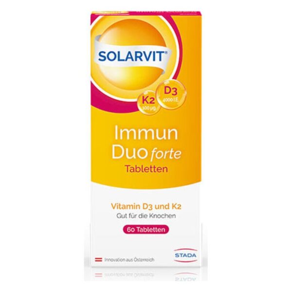 Verpackung von Solarvit Immunduo forte Tabletten, mit Vitaminen D3 und K2, betont gute Wirkung für die Knochen.