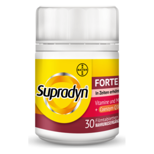 Weißer Plastikbehälter mit gelber und roter Beschriftung, enthält 30 Filmtabletten, Vitamin- und Mineralstoffpräparat von Supradyn.