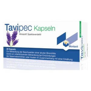 Verpackung von Tavipec Kapseln mit lila Lavendelblüten und Informationen zur Anwendung bei Bronchitis und Husten.