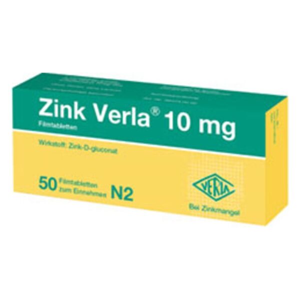 Packung Zink Verla 10 mg mit grüner und gelber Gestaltung, enthält 50 Filmtabletten zur Einnahme.