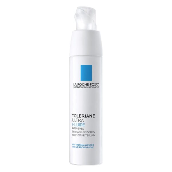 Flasche mit feuchtigkeitsspendendem Fluid von La Roche-Posay, verpackt in einem weißen, pumpfähigen Behälter.