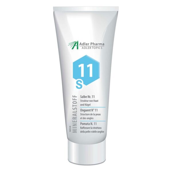 Tube mit Salbe Nr. 11 für Haut- und Nagelstruktur, beschriftet mit Inhaltsstoffen und Anwendungsinformationen.