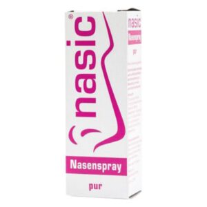 Weißer Karton mit pinken Akzenten, beschriftet mit "nasic Nasenspray pur".