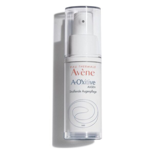 Flasche von Avène A-Oxitive Augencreme, klare Verpackung mit Pumpmechanismus, Informationen zur Anwendung stehen auf dem Etikett.