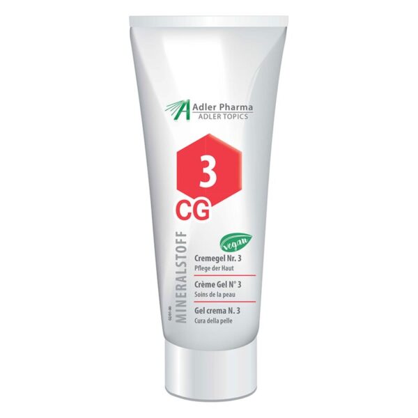 Tube mit Cremegel Nr. 3 von Adler Pharma, vegan, für Hautpflege, rotes Hexagon mit 3 CG, minimalistische Gestaltung.