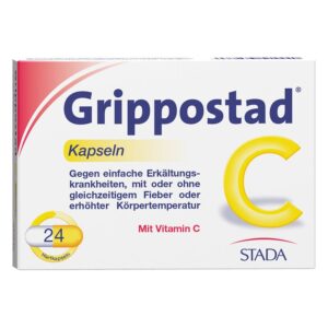 Verpackung von Grippostad C Kapseln, rezeptfreies Medikament gegen Erkältungen mit Vitamin C.