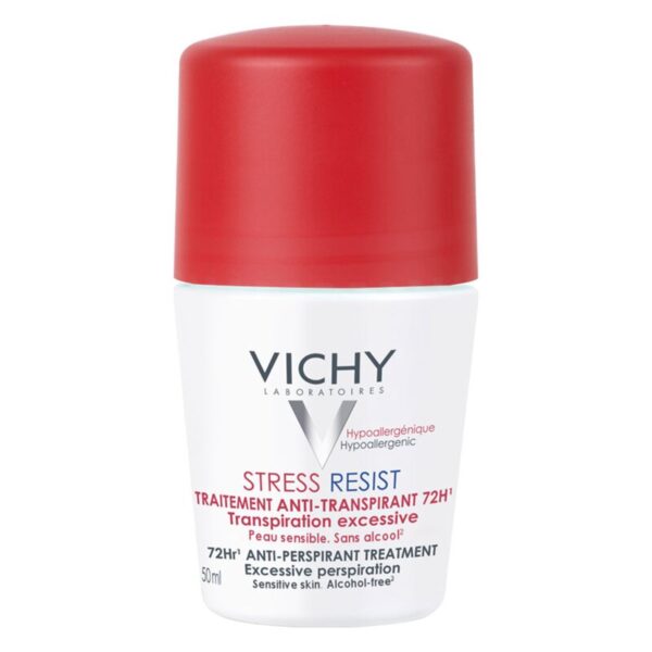 Roll-on Antitranspirant von Vichy mit rotem Deckel und weißem Flakon, für empfindliche Haut und 72 Stunden Schutz.