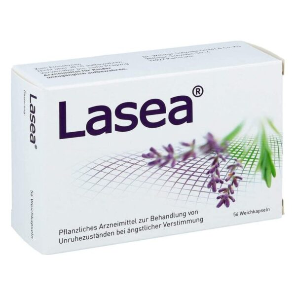 Packung mit Lasea, pflanzlichem Arzneimittel gegen Unruhezustände, mit Lavendelmotiven auf der Verpackung.