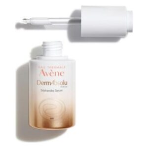 Flasche mit dem Avène DermAbsolu Serum, leicht transparente Verpackung mit Pipette.