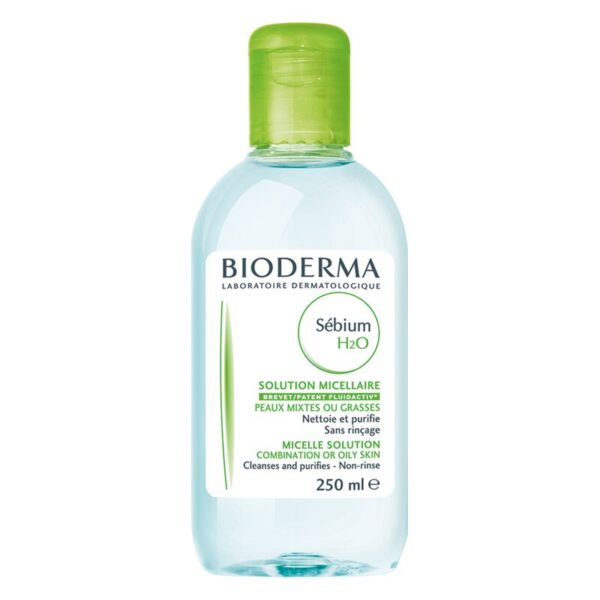Flasche mit micellarer Lösung von Bioderma für Mischhaut oder fettige Haut, 250 ml, mit grünem Deckel.