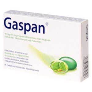 Packung mit Gaspan Weichkapseln, enthält pflanzliche Wirkstoffe zur Linderung von Magen-Darm-Beschwerden.