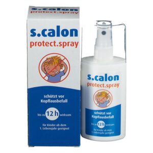 Sprayflasche mit Schutzwirkung gegen Kopflausbefall, verpackt in einer blauen und weißen Box.