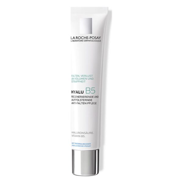 Eine Tube mit Anti-Falten-Creme von La Roche-Posay, betont Hautregeneration und Faltenminderung.
