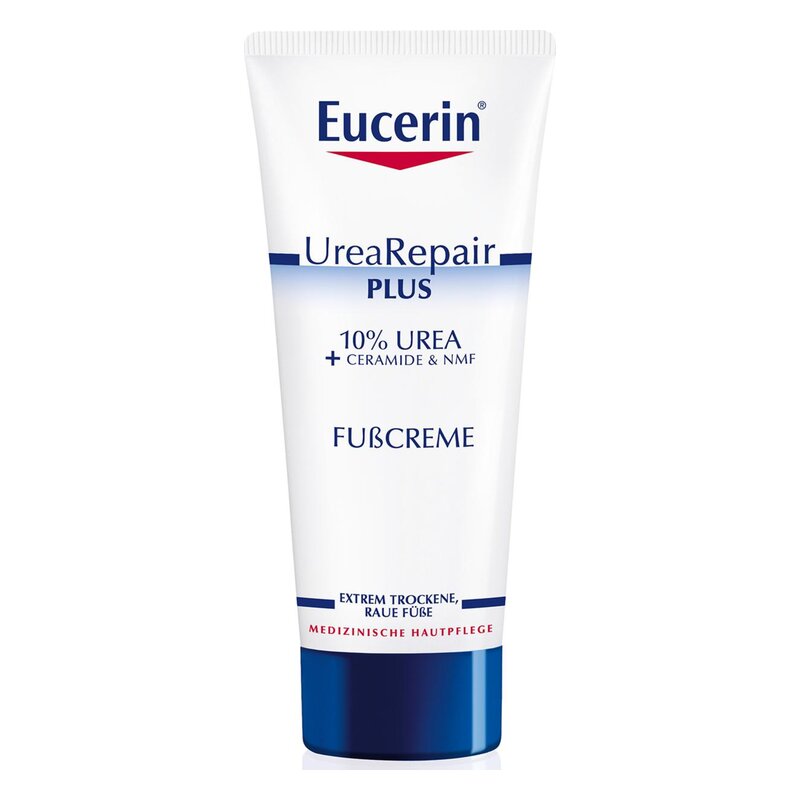 Tube mit Eucerin UreaRepair Plus Fußcreme, enthält 10% Urea und Ceramide für trockene Füße.