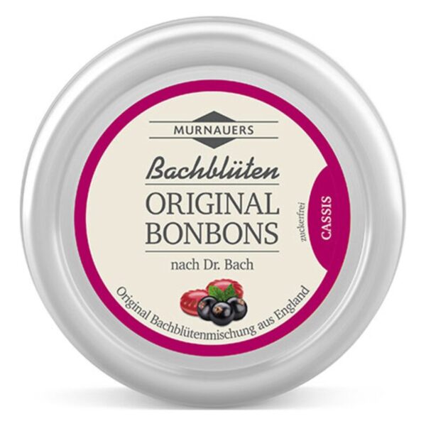 Runde, silberne Dose mit einer Etikette für Bachblüten Original Bonbons in Cassis-Geschmack, zuckerfrei.