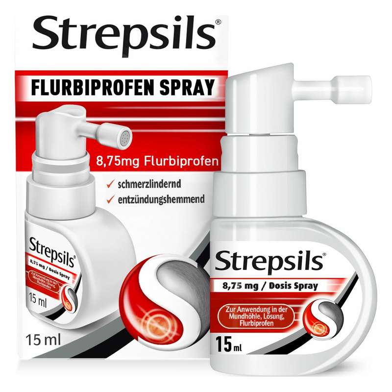 Flurbiprofen Spray von Strepsils in 15 ml Verpackung, schmerzlindernd und entzündungshemmend, mit Dosierspender.