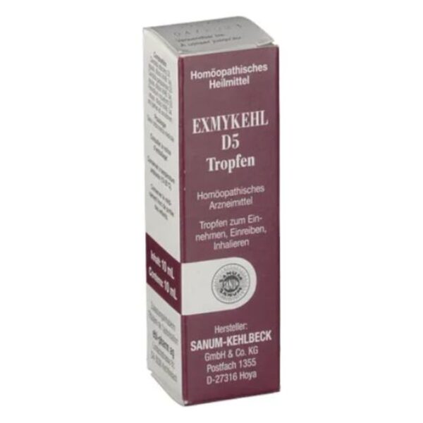 Verpackung von Exmykehl D5 Tropfen, homöopathisches Arzneimittel in einem 10 ml-Behälter, mit Beschreibung zur Anwendung.