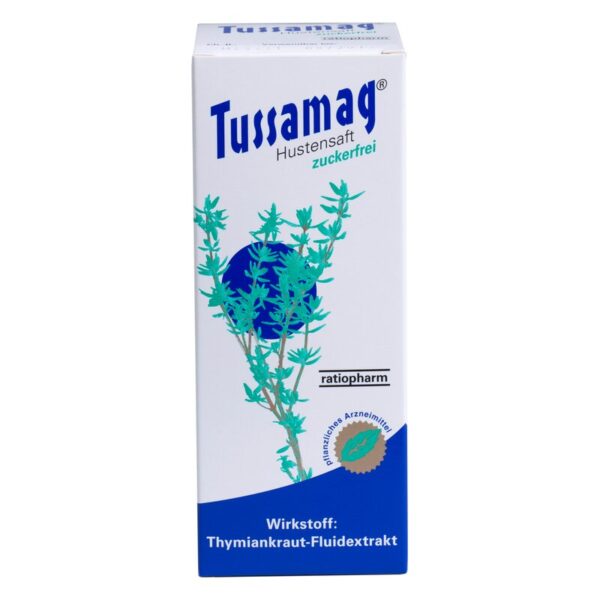 Verpackung des Tussamag Hustenstifts, zuckerfrei, mit pflanzlichem Wirkstoff Thymian, blau-grüner Illustration.