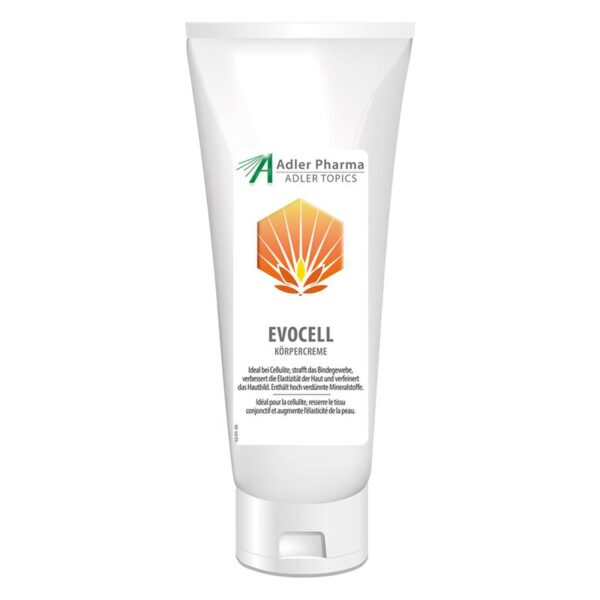 Tube mit Körpercreme namens EVOCELL von Adler Pharma, verpackt in weißem Kunststoff mit orangefarbenem Logo.